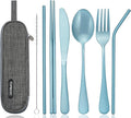 Portable Stainless Steel Flatware Set, Travel Camping Cutlery Set, Portable Utensil Travel Silverware Dinnerware Set with a Waterproof Case (Light Blue)