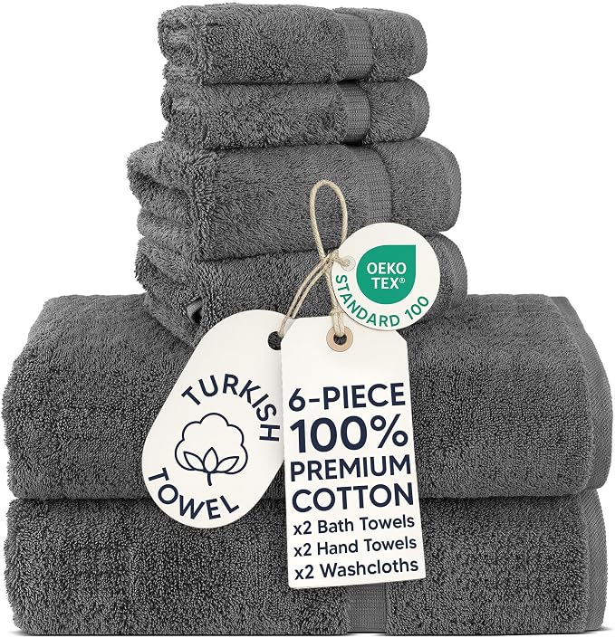 Chakir Turkish Linens 100% Cotton 6-Piece Towel Set, Dark Gray | 100% cotton 6-pc set, OEKO-TEX certified: 2 bath 30x60, 2 hand 16x30, 2 washcloths 13x13