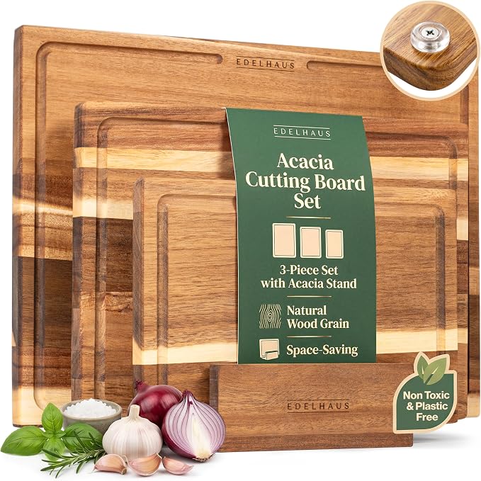 Acacia Wood Cutting Boards for Kitchen Set of 3, Juice Groove | Non Toxic Wooden Chopping Boards, Knife Friendly, Large Kitchen Boards for Meat, Cheese, Charcuterie & Serving