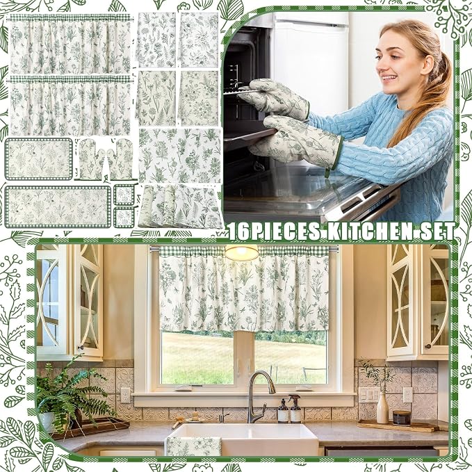 Fourluoo 16 Pcs Green Floral Kitchen Decor Set Kitchen Towels Non Slip Rugs and Mats for Floor Oven Mitts Gloves Pot Holders Placemats Art Abstract Curtains for Home Decoration Gift