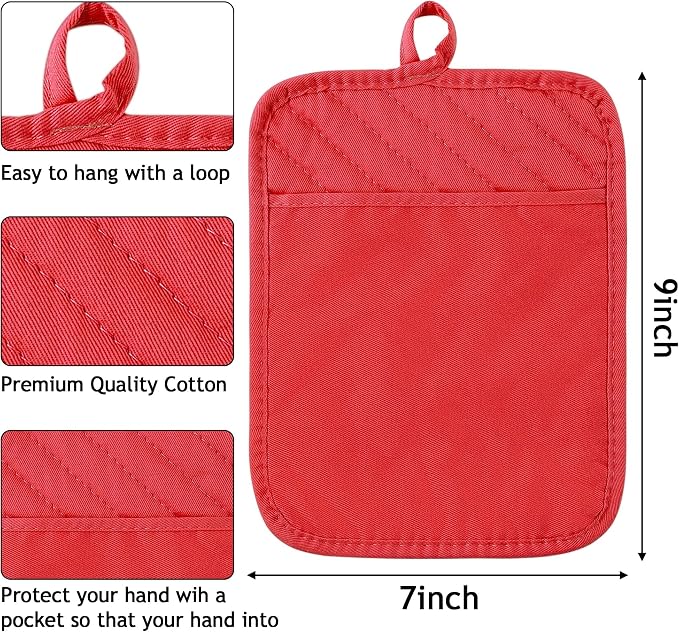 R HORSE 6 Pack Red Pot Holders with Pocket for Kitchen, 7''x 9'' | Cotton Kitchen Potholder, Heat Resistant Oven Mitts, Non-Slip Hot Pads Terry Cloth, Ideal for Baking, Cooking, Christmas Gift