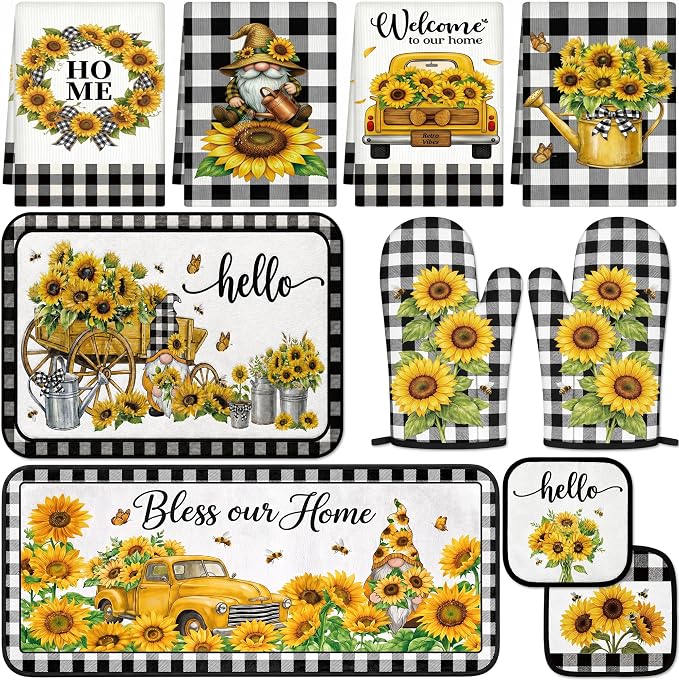 Tieshankao 10Pcs Sunflower Kitchen Decor Accessories Set | Black Checkered Sunflower Theme, Kitchen Towels, Oven Mitts, Pot Holders, Rugs and Mats, Baking Supplies, Housewarming Gifts