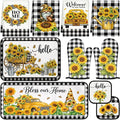 Tieshankao 10Pcs Sunflower Kitchen Decor Accessories Set | Black Checkered Sunflower Theme, Kitchen Towels, Oven Mitts, Pot Holders, Rugs and Mats, Baking Supplies, Housewarming Gifts