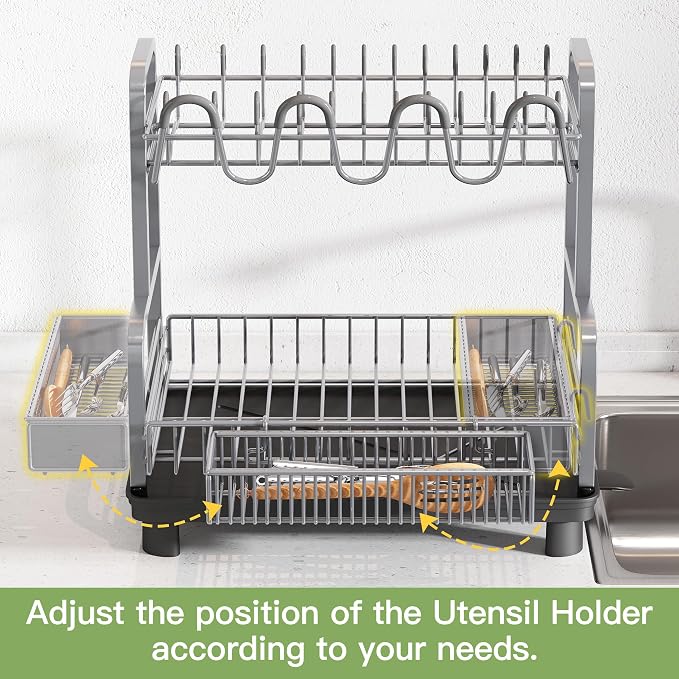 2 Tier Dish Drying Rack and Drainboard Set for Kitchen Counter | Dish Drainer with Drainboard, Cups Holder for Small Kitchen, Space Saving, Rustproof, Auto Drain, Fits for 1-2 People