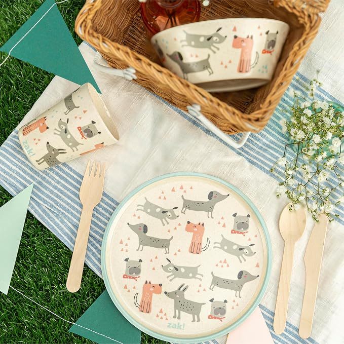 Zak Designs Kids Dinnerware Set 3 Pieces, Durable and Sustainable Melamine Bamboo Plate, Bowl, and Tumbler are Perfect For Dinner Time With Family (Dog)