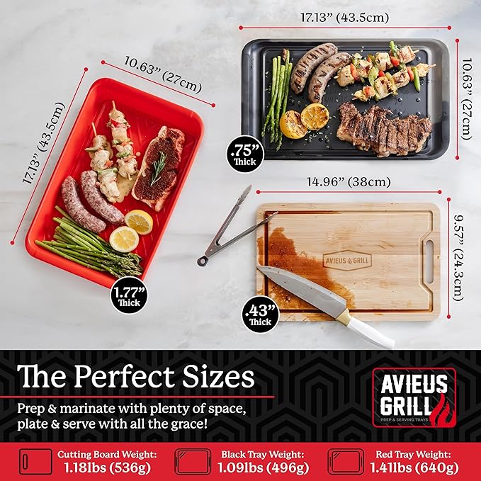 AVIEUS Grill Prep and Serving Trays | Set of 3 Stackable, Melamine Trays with Bamboo Cutting Board | Trays for Marinating, Serving & Chopping | Serving Platter for Plating Food & BBQ Prep Tub |