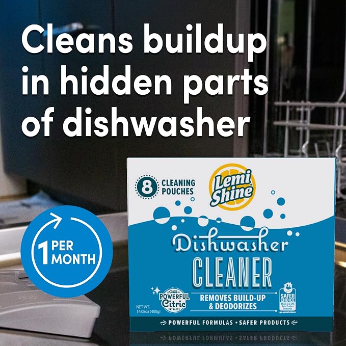 Lemi Shine Natural Dishwasher Cleaner - Hard Water Citric Acid Cleaning Powder - Lemon Scented Eco-Friendly Dishwasher Cleaner & Deodorizer - 14.08 oz (16 Pack)