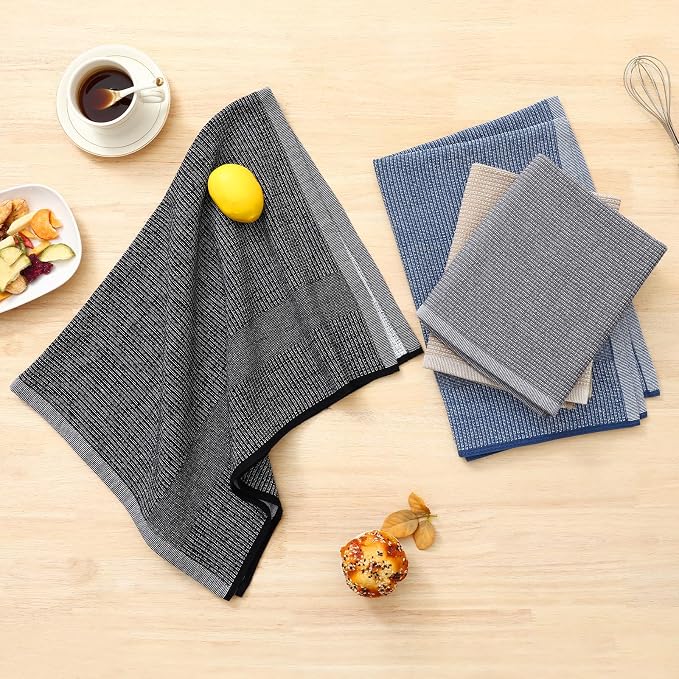 Homaxy 380 GSM Cotton Premium Kitchen Towels 12 Pack, 18"x 28", Mix | Flat and Terry Dish Towels, Highly Absorbent Tea Towel Set with Hanging Loop, Soft Kitchen Hand Towels, Grey/Khaki/Black