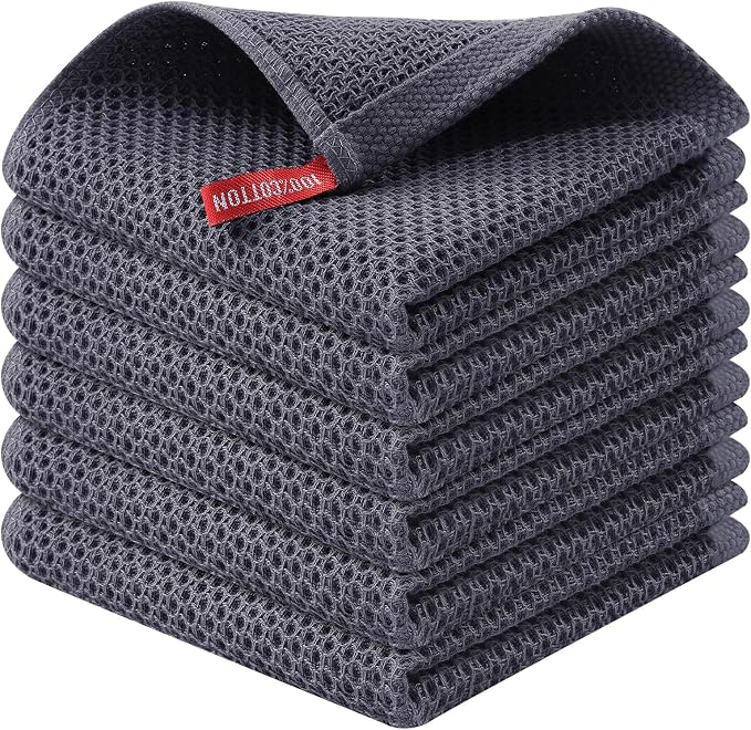 Kitinjoy 100% Cotton Waffle 6-Pack Kitchen Towels, 12" x 12", Dark Grey | Ultra Absorbent, Super Soft, lightweight, Quick Drying Dish Rags for Washing Dishes