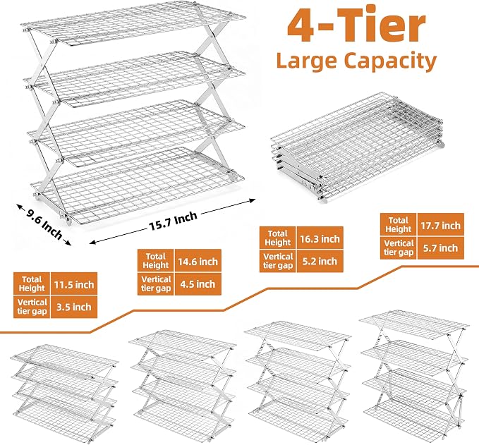 LIANYU 4 Tier Collapsible Cooling Rack, 3 Setting Design & Heavy-Duty | Cookie Cooling Rack for Baking and Cooking, Heavy Duty Wire, X-Shaped Structure, Easy Cleaning & Non-Stick, Kitchen Drying