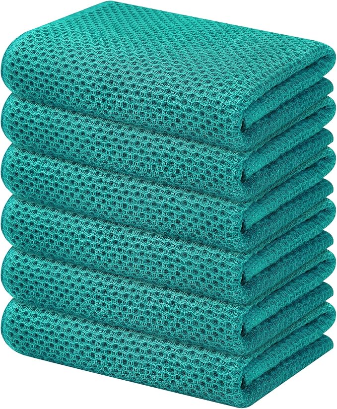 Kitinjoy 100% Cotton Waffle 6-Pack Kitchen Towels, 13" x 28", Teal | Super Soft, Ultra-Absorbent, Fast Drying, lightweight, Quick Drying Kitchen Hand Towels