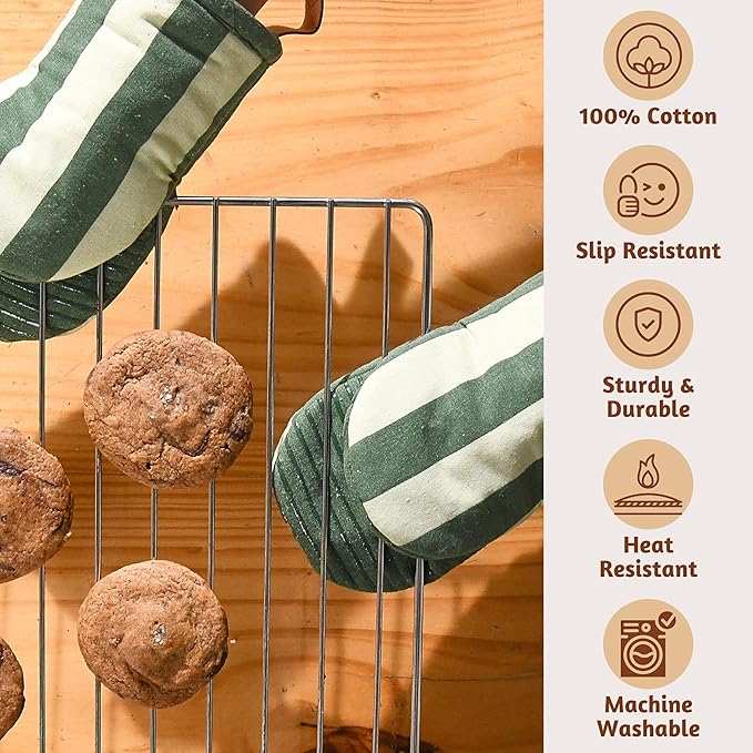 Folkulture Oven Mitts, Matcha Green, Set of 2, Heat Resistant - (5.75"x9") | 100% Cotton, Non Slip, Silicone, Cute Striped Mini Mits with Hanging Loop, Kitchen Décor, Cooking Gifts, New Home Essentials