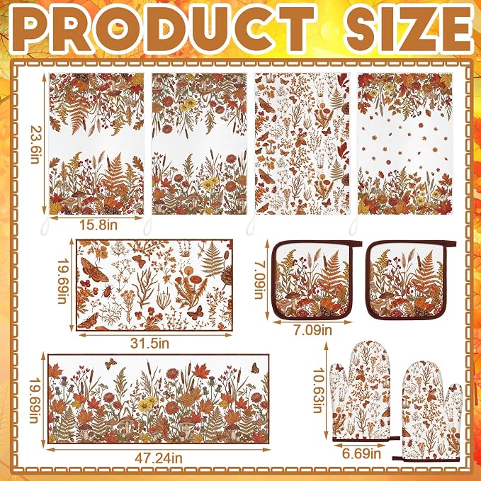 Fourluoo 10 Pcs Fall Floral Kitchen Decor Set Towels Rugs Oven Mitts and Pot Holders Autumn Kitchen Accessories Set for Cooking Baking Grilling Housewarming Gift