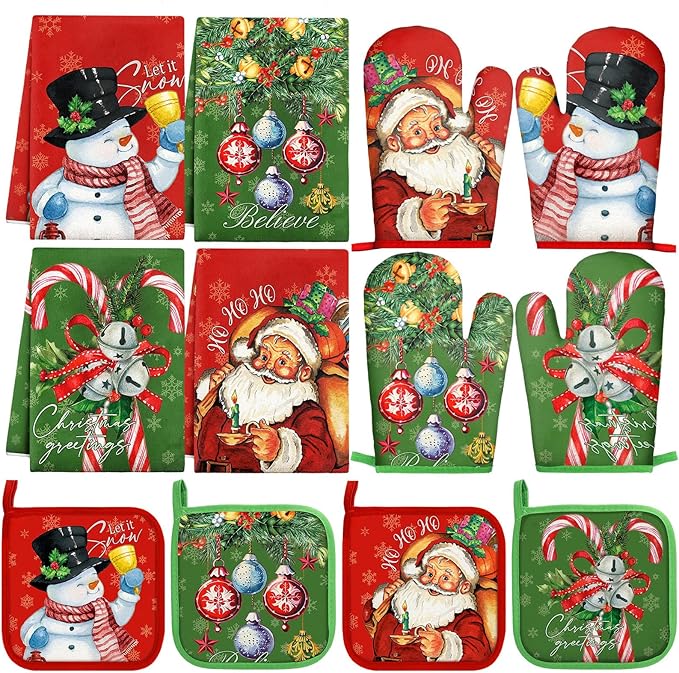 SiliFine 12 Pcs Traditional Christmas Kitchen Accessories Set Snowman Pot Holders Santa Oven Mitts Xmas Candy Cane Ornament Kitchen Towels for Christmas Home Decorations, Cooking Baking Holiday Gifts