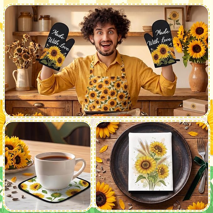 Tieshankao 10Pcs Sunflower Kitchen Decor Accessories Set | Sunflower Floral Theme, Kitchen Towels, Oven Mitts, Pot Holders, Rugs and Mats, Baking Supplies, Housewarming Gifts