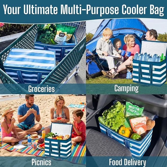 VENO 2 Pack Insulated Cooler Bag Reusable Grocery Bag for Food Delivery | Heavy Duty Large Collapsible Cooler Shopping Tote w/ Zippers,Foldable,Stands Upright for Camping(Classic Navy Stripe,2 Pack)