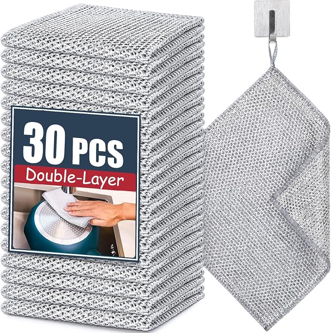 30 Pcs New Upgrade Steel Wire Dishcloth,Double-Layer Steel Wire Cleaning Cloth,Powerful Cleaning Non-Scratch Wire Dishcloth Rag for Cookware, Sinks, Dishes, Stove Tops
