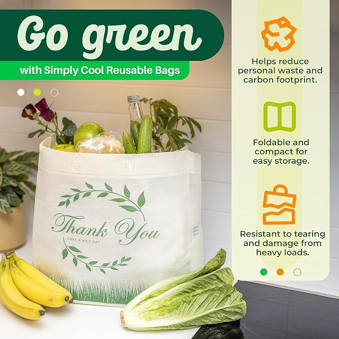 Simply Cool 50 Pack Reusable Thank You Grocery Bags Large Tote Bags Bulk | 14.5"x14"x6.6" Heavy Duty Non-woven Printed Shopping Bags with Handles, Foldable Washable for Groceries and Commercial use