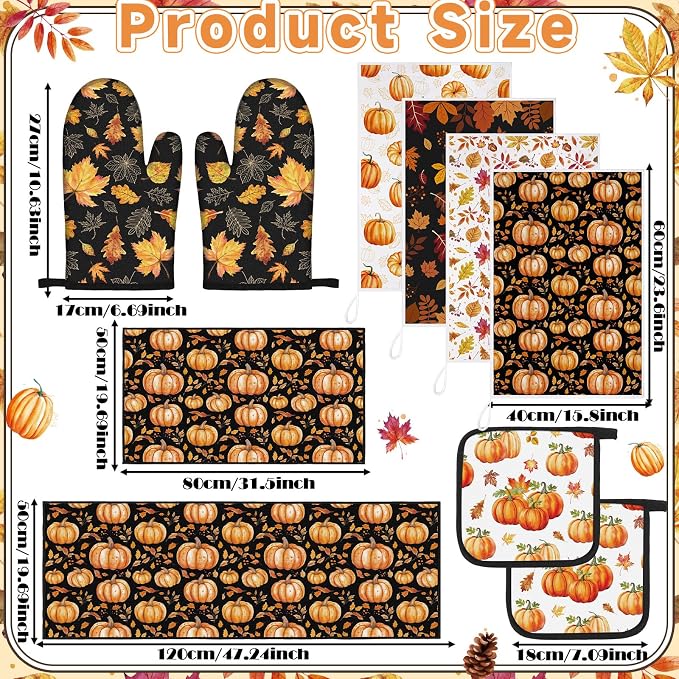 Fourluoo 10 Pcs Fall Pumpkin Kitchen Decor Set Towels Rugs Oven Mitts and Pot Holders Autumn Leaves Pumpkin Decor for Women Mom Gift Cooking Baking Grilling