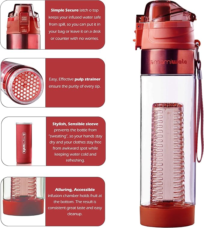 MAMI WATA Fruit Infuser Water Bottle – 24 oz BPA-Free Tritan Fruit Infused Plastic Water Bottle for Women Recipes eBook & Insulating Sleeve & Gift Box