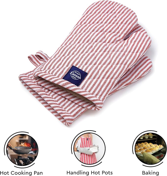 Encasa XO Oven Mitts, Heat Resistant Kitchen Gloves, Microwave | Ticking Red, 100% Cotton | Diamond Quilted Insulation | Pot Holders | Hanging Loop | Barbecue & Grill | Set of 2