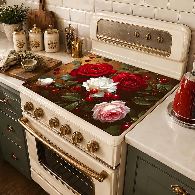 Floral Stove Cover 28.3 x 20.5 Inches Rose Stove Top Protector Heat Resistant Non Slip Glass Electric Stove Cover Board Farmhouse Flower Kitchen Decor Mat (Red flower)
