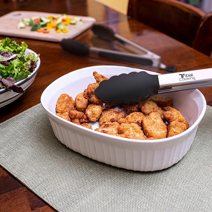 Tribal Cooking Kitchen Tongs with Silicone Tips - Stainless Steel tongs for cooking - 9" and 12" Tongs With Silicone Rubber Non Slip Grips, Heat Resistant Metal Tongs.