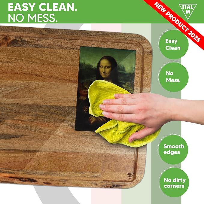 Rustic Mango Wood NOODLE BOARD –28x20 Extra Large Stove Top Cover Cutting Board -Farmhouse Kitchen Décor, Juice Groove & Handles, Mona Lisa & US Flag Art Serving Tray