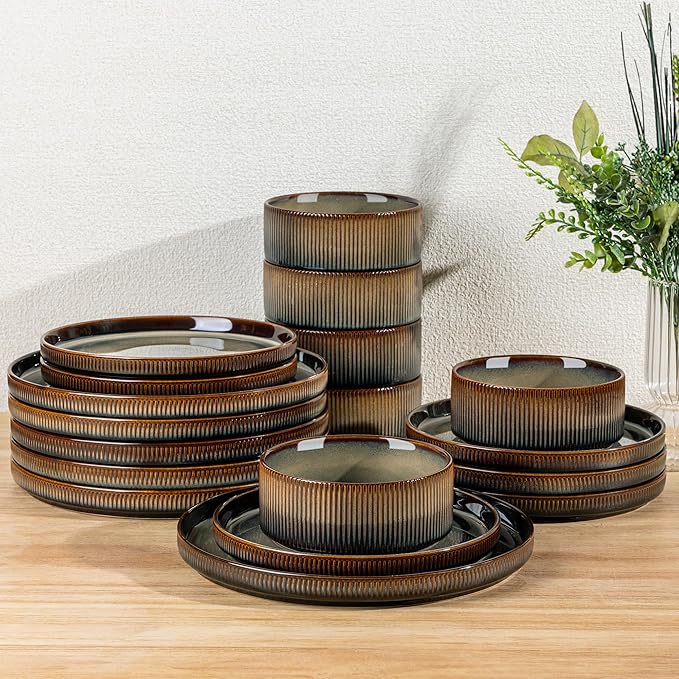 Ceramic Dinnerware Set for 6, 18-Piece Plates and Bowls Set | Lightweight Porcelain Dish Set, Scratch Resistant, Oven & Microwave & Dishwasher Safe, Cocoa Mocha
