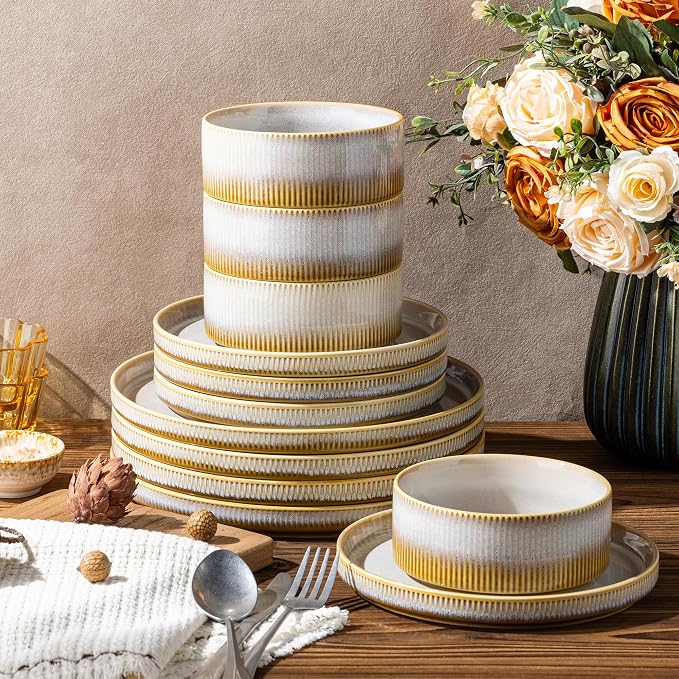 Ceramic Dinnerware Set for 4, 12-Piece Plates and Bowls Set | Lightweight Porcelain Dish Set, Scratch Resistant, Oven & Microwave & Dishwasher Safe, Autumn Haze