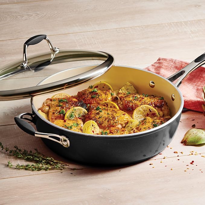 Tramontina Ceramica Deluxe 11-Inch Saute Pan with Lid | Ceramic Non Stick Deep Skillet, Oven-Safe, Metallic Black