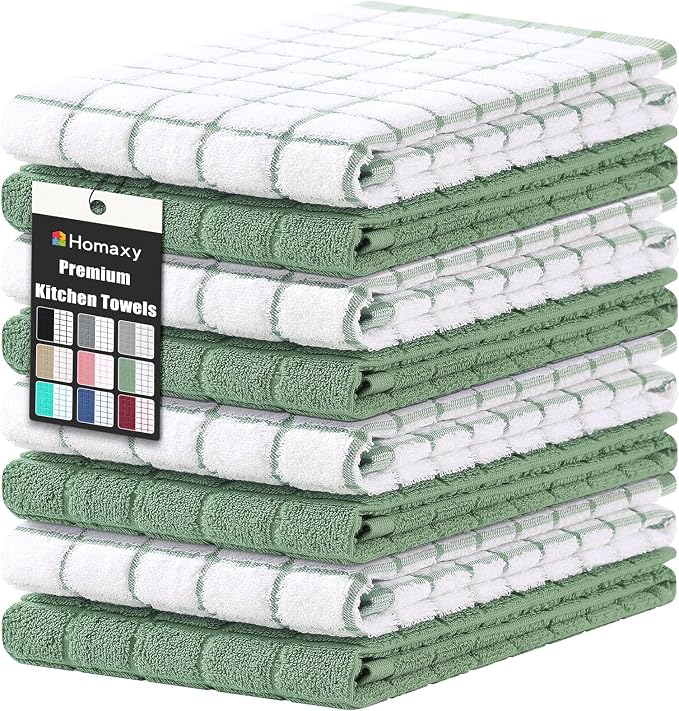 Homaxy Large Premium Cotton Kitchen Towels 16"x 28", 8 Pack, Grass Green | Natural Ring Spun 390 GSM Dish Towels, Super Absorbent Terry Kitchen Hand Towels, Soft Tea Towels with Hanging Loop