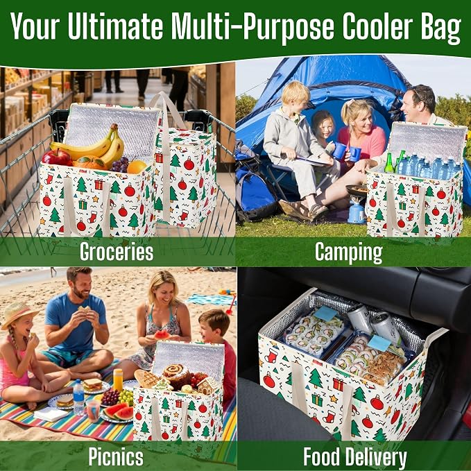 VENO 2 Pack Insulated Cooler Bag for Food Delivery, Reusable Grocery Bag | Heavy Duty Large Collapsible Cooler Shopping Tote w/ Zippers, Foldable, Stands Upright for Camping Picnic(Jingle Mix, 2 Pack)