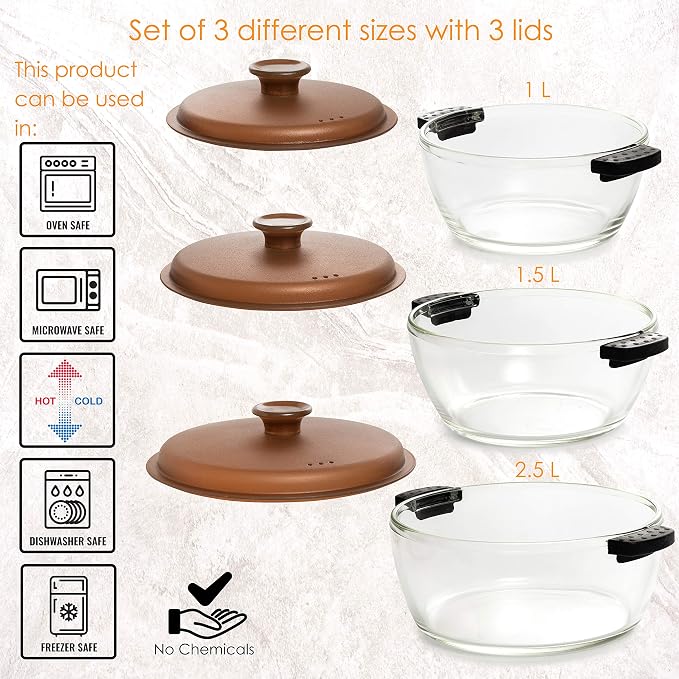 Moss & Stone Clear Glass Casserole Dish Set with Lids, Glass Baking Dishes | 3-Piece Borosilicate Glass Bakeware Set with Plastic Lids, 3 Round Baking Dishes for Oven, Microwave, Serving & Food Storage