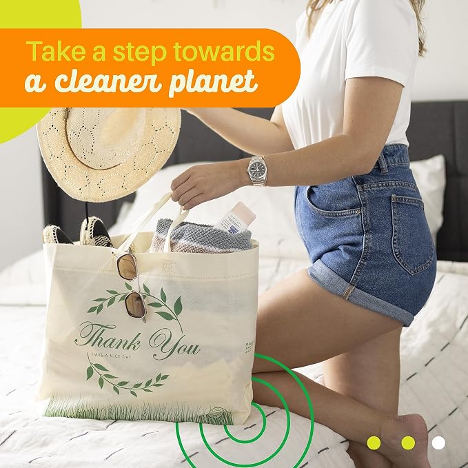 Simply Cool 50 Pack Reusable Thank You Grocery Bags Large Tote Bags Bulk | 14.5"x14"x6.6" Heavy Duty Non-woven Printed Shopping Bags with Handles, Foldable Washable for Groceries and Commercial use