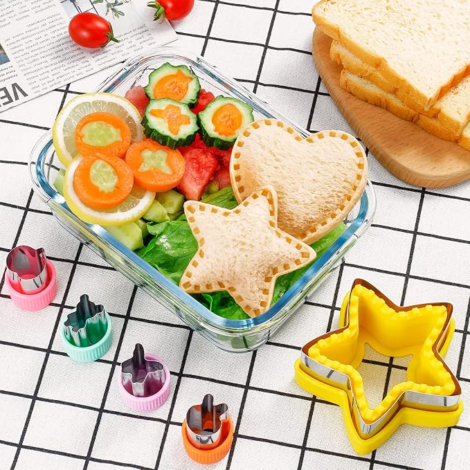 20Pcs Sandwich Cutters & Sealers for Kids Lunch, Cookie Fruit Shape Cutters | Uncrustable Sandwich Maker Vegetable Food Cutter Shapes for Toddlers, Lunch & Bento Box Accessories with Heart Dinosaur Star
