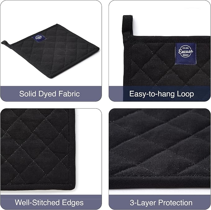 Encasa XO Pot Holders, Quilted Kitchen Hot Pads 8"x8" | Full Black, 100% Cotton | Heat Resistant | Hanging Loop | Multipurpose Trivets | Machine Washable | Set of 2
