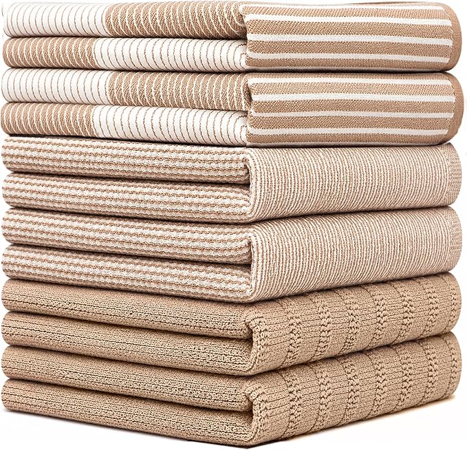 Premium Kitchen Towels 6 Pack 100% Cotton, 20"x28" Dish Towels - Tan | Large Flat & Terry Kitchen Linen Set with Hanging Loops, Highly Absorbent for Washing and Drying Dishes
