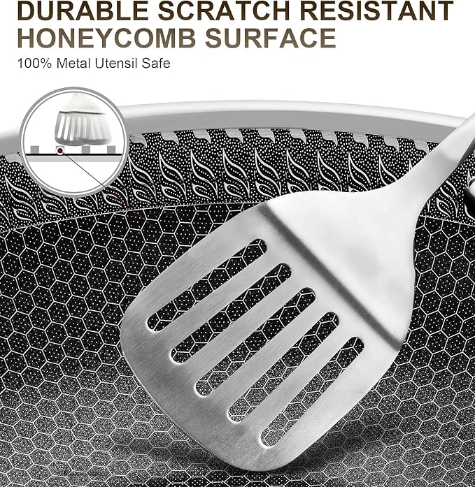 MICHELANGELO Wok Pan with Lid, 12 Inch Stainless Steel Wok with Spider Strainer and Steaming Rack, Honeycomb & Stir-fry Pans Flat Bottom Wok Induction Compatible, Dishwasher and Oven Safe