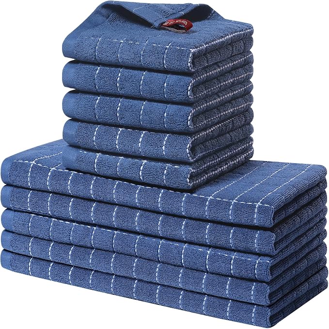 Homaxy Kitchen Towels and Dishcloths Set, Set of 10, Navy Blue | Bulk Cotton Terry Kitchen Towels, Checkered Designed, Soft and Super Absorbent Dish Towels, 12 x 12 and 13 x 28 Inches