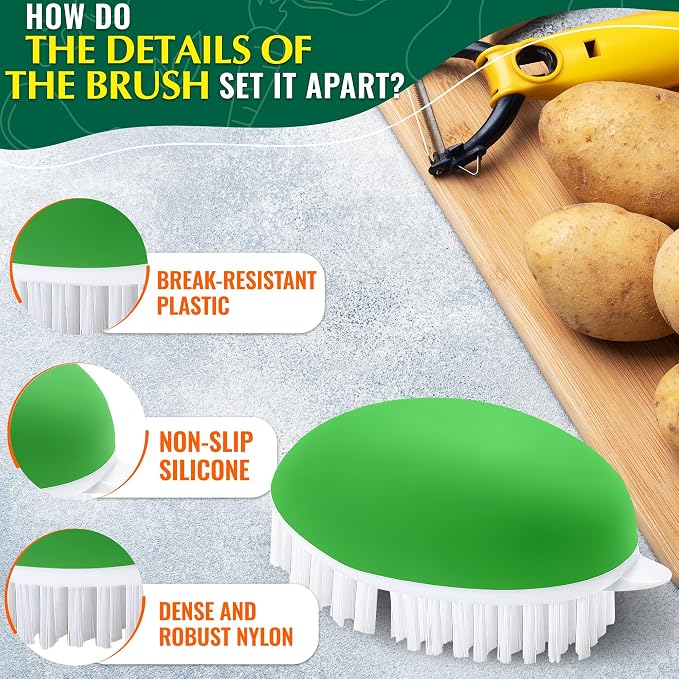 2 Pcs Potato Scrubber Brush, 2.3"x3.9", Soft and Stiff Bristles | Vegetable Brush Scrubber for Food, Ergonomic Design, Crack-Resistant Frame, Drawer Storage; for Carrots, Apples, & Mushrooms