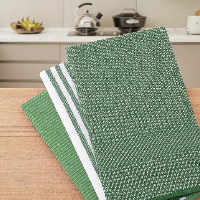 Homaxy Cotton 380 GSM Premium Kitchen Towels, 18"x28", 12 Pack, GrassGreen | Soft and Absorbent Terry Dish Towels, Multipurpose Tea Towel Set with Hanging Loop, 3 Styles Kitchen Hand Towels