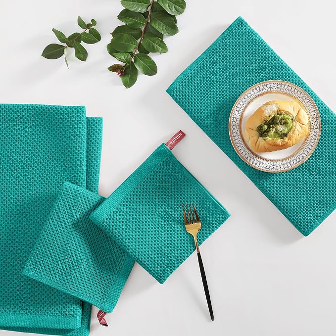 Homaxy 10 Pack 100% Cotton Kitchen Towels and Dishcloths Set, Teal | 12 x 12 Inches and 13 x 28 Inches Kitchen Towels Set, Ultra Soft Absorbent Dish Cloths for Washing Dishes