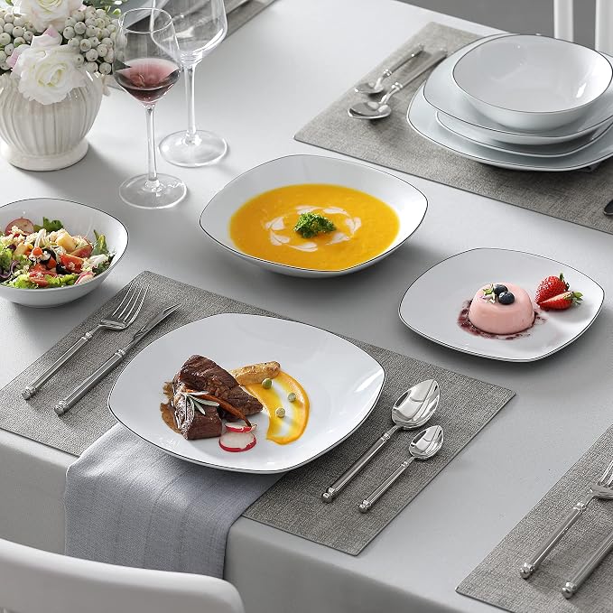 MALACASA Dinnerware Sets, 24 Piece Porcelain Square Dishes, White with Black Rim Plates and Bowls Sets, Ceramic Dish Set for 6, Chip Resistant Dishware Sets, Series ELISA | White Ceramic Plates and Bowls Sets for Serving, Chip Resistant, Microwave & Di...