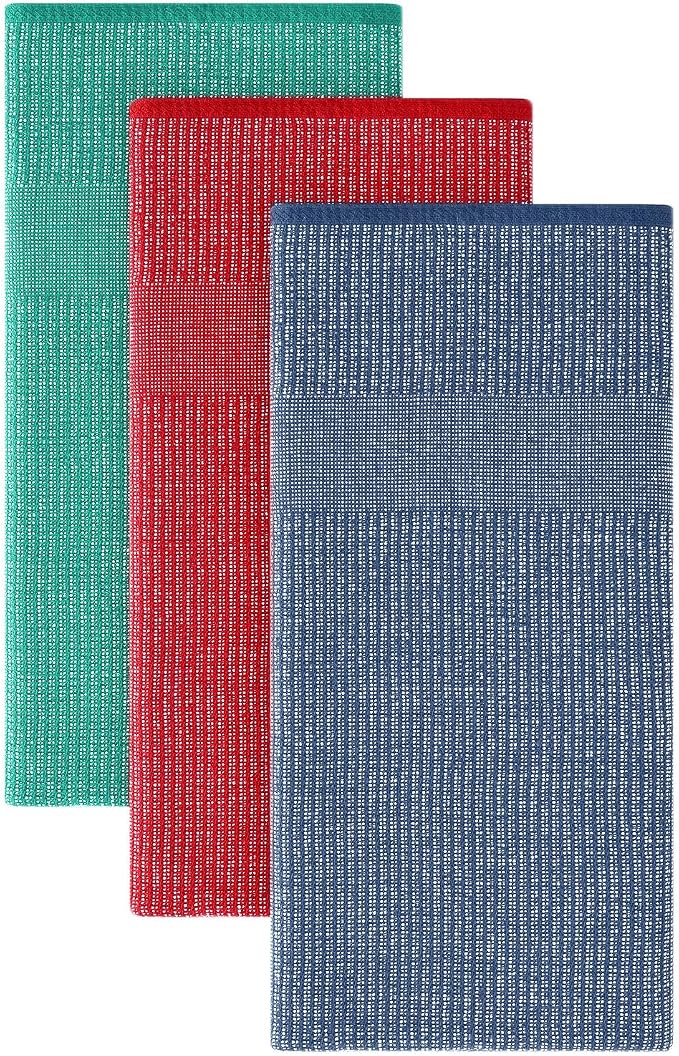Homaxy 380 GSM Cotton Premium Kitchen Towels 3 Pack, 18"x 28", Mix | Flat and Terry Dish Towels, Highly Absorbent Tea Towel Set with Hanging Loop, Soft Kitchen Hand Towels, Navy/Red/Green