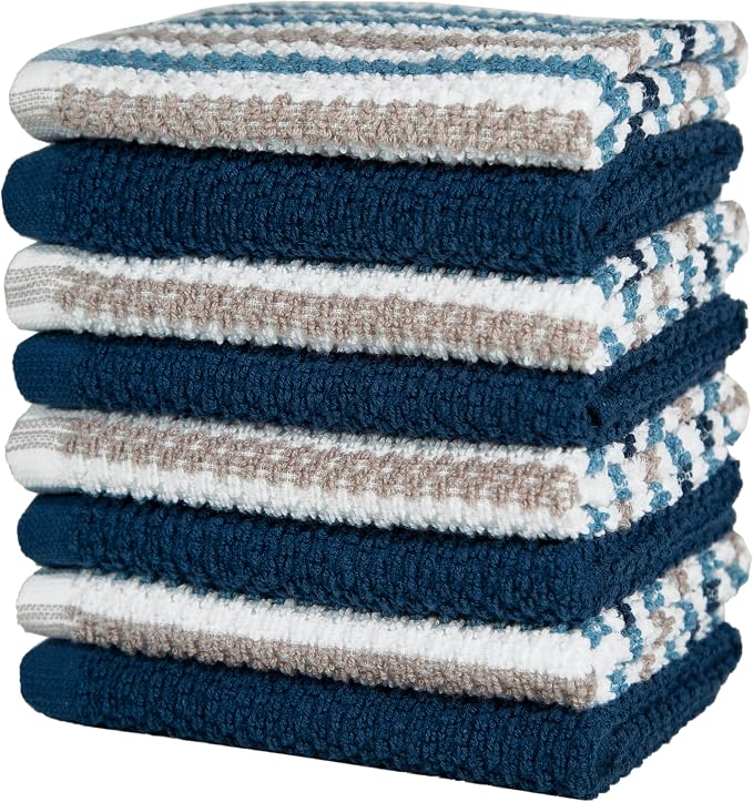 Bumble Dish Cloths 8-Pack, Cotton Kitchen Towels, 12"x12" Blue Wide Stripes | 430 GSM Soft Dish Towels for Kitchen, Highly Absorbent & Durable Kitchen Rags for Washing Dishes