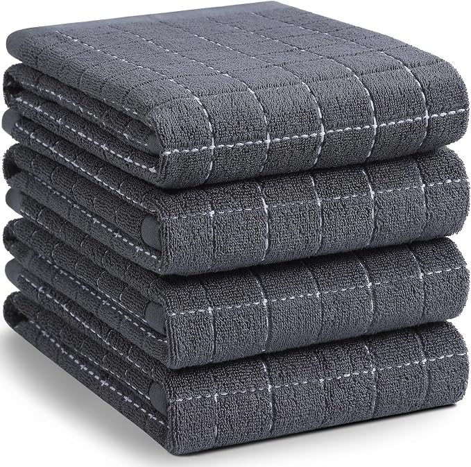 Homaxy 100% Cotton Terry Kitchen Towels, Large 4 Pack, Dark Grey | Ultra Soft and Absorbent Dish Towels for Kitchen, Suitable for Drying and Washing Dishes