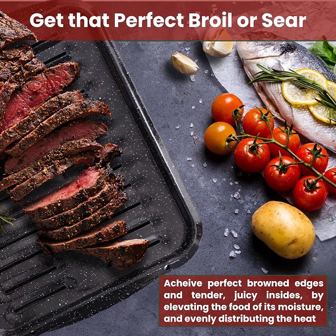 Broiler Pan for Oven Nonstick 16.75” x 13” Porcelain Nonstick Coated - Broiling Pan for Oven Withstands Heat up to 550° F - Heavy Duty Broil Pans and Rack Circulates Heat and Drains Fat (Speckled)