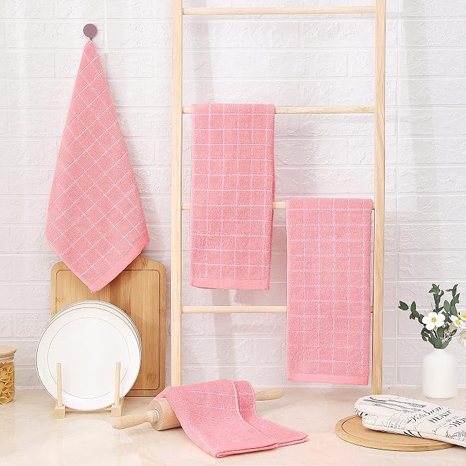 Homaxy 100% Cotton Terry Kitchen Towels, 4 Pack, Pink | Ultra Soft and Absorbent Dish Towels for Kitchen, Suitable for Drying and Washing Dishes