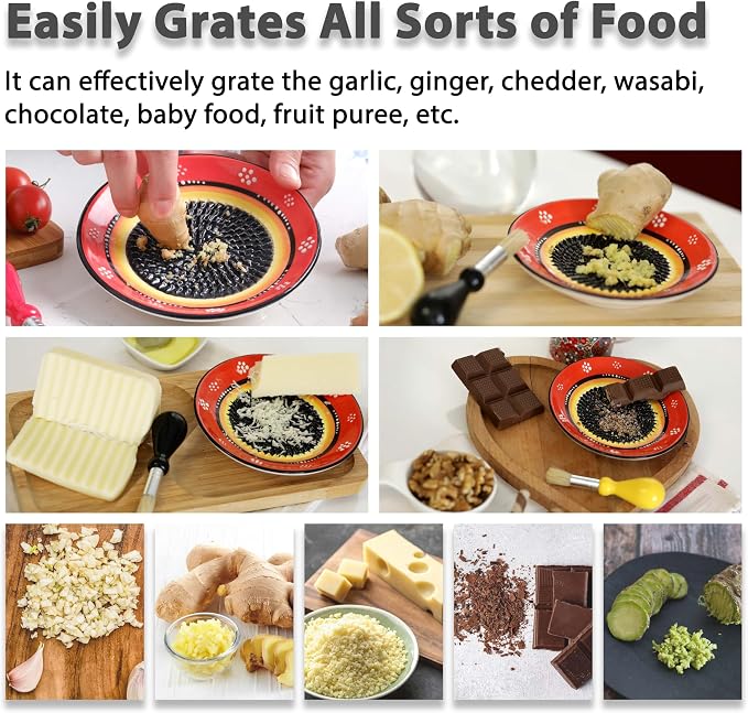 Ceramic Grater Plate Set – Handmade 4-Piece Press & Natural Grinder for Garlic, Ginger, Cheese & Spices – Decorative Hand Dish (Black/Orange)